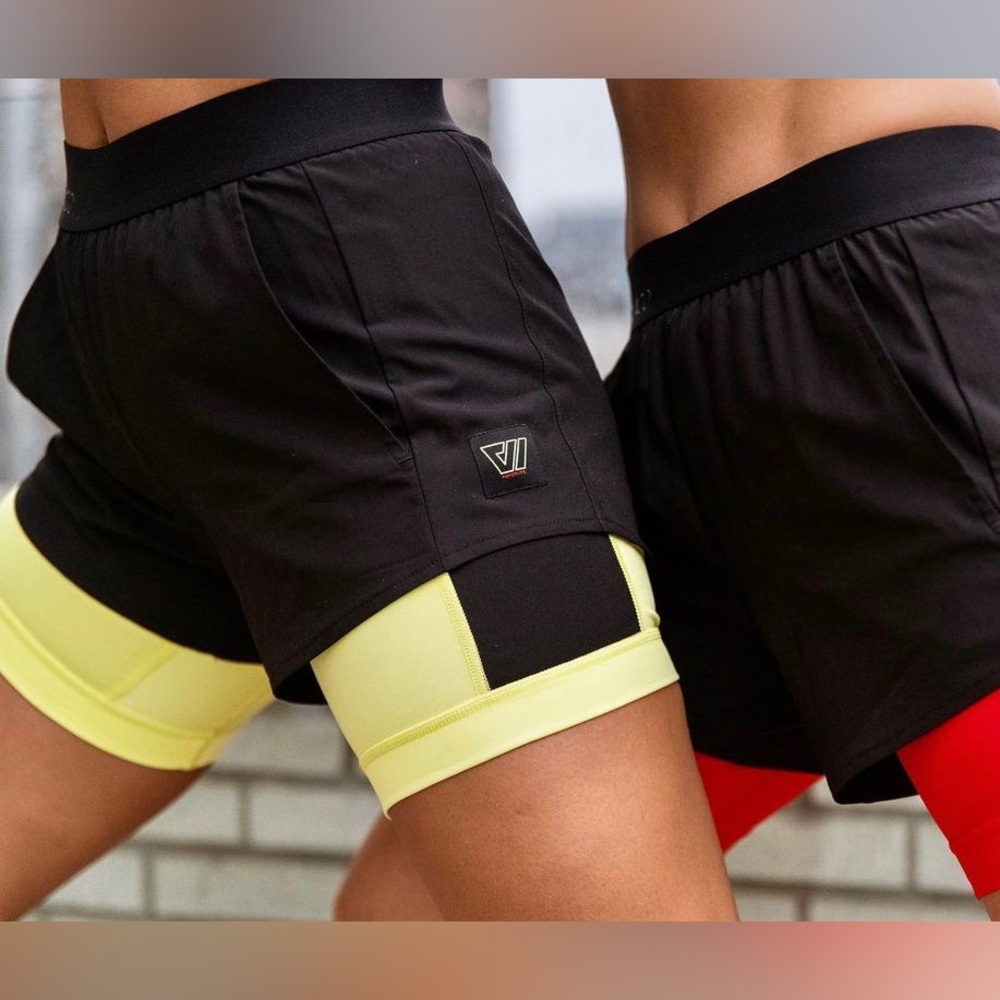 WOLACO Running Shorts - Black with Neon Yellow Compression Short - Size M
